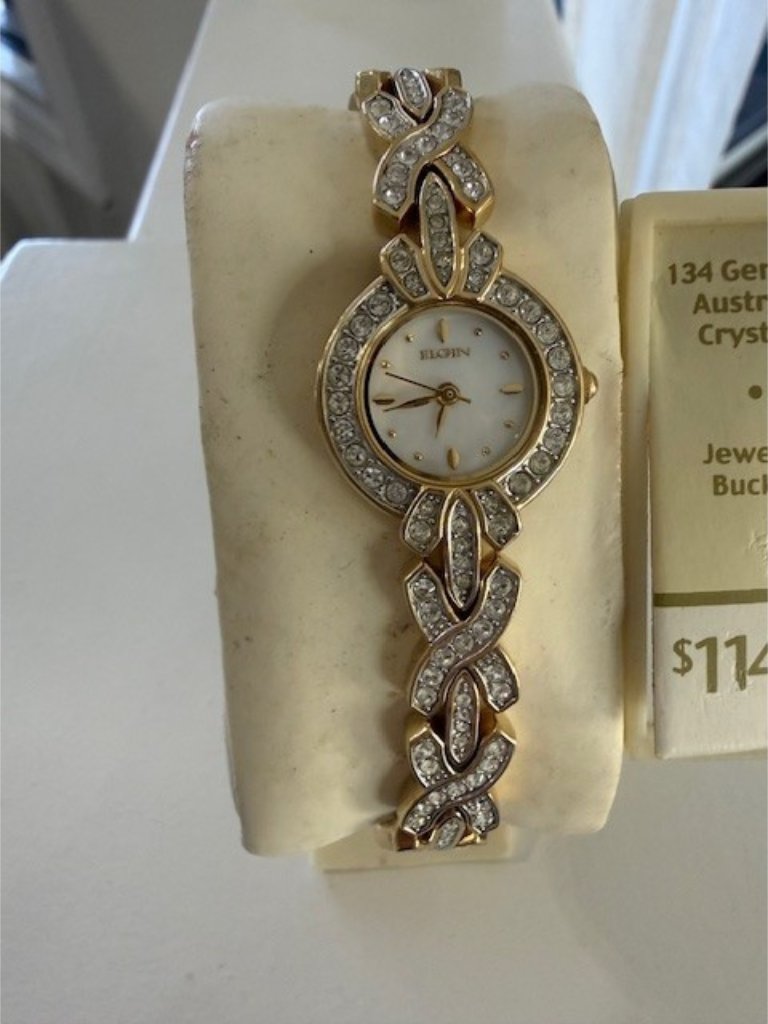Elgin Womens Round Yellow Gold Tone Mother Of Pearl Dial Watch Eg500 Crystals Vt